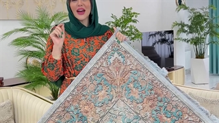 فرش ابریشم ماشینی 1200 شانه سبز آبی با طرح افشان در صفافرش