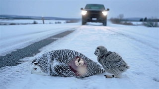 نجات جغد برفی و جوجه‌اش پس از تصادف رانندگی